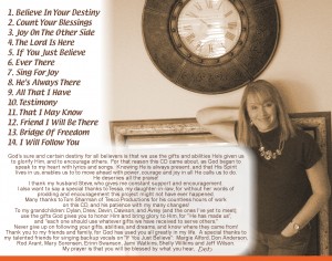 Deb Erdei's CD song list and thank you notes.