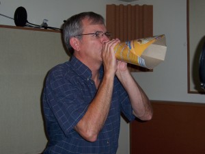 Corporate voice-over bullhorn recording.