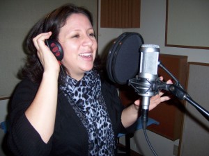 Anabel Albuja recording Spanish lyrics at Tesco Productions