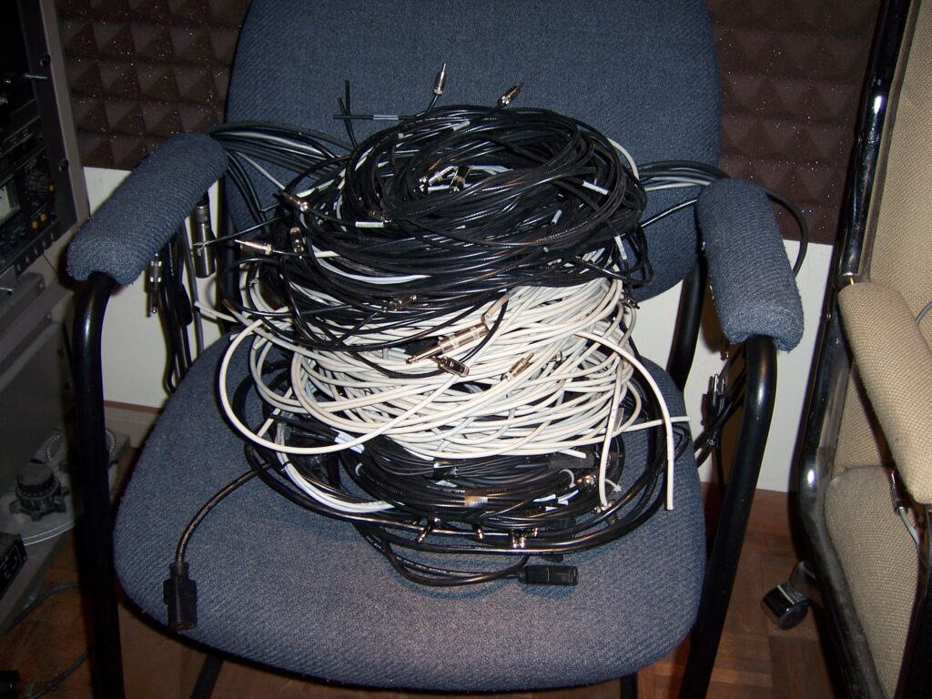 Pile of wires pulled out during Tesco Productions upgrade.