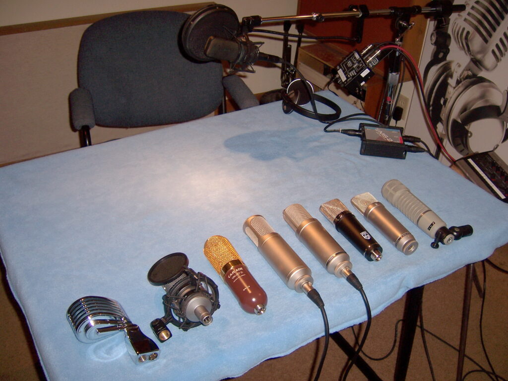 Making the mic selection for Kofi Douhadji's audio book recording.